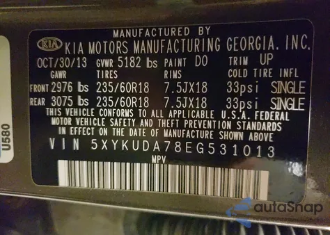 2014 Kia Sorento Ex z USA, uszkodzony, nr VIN 5XYKUDA78EG531013